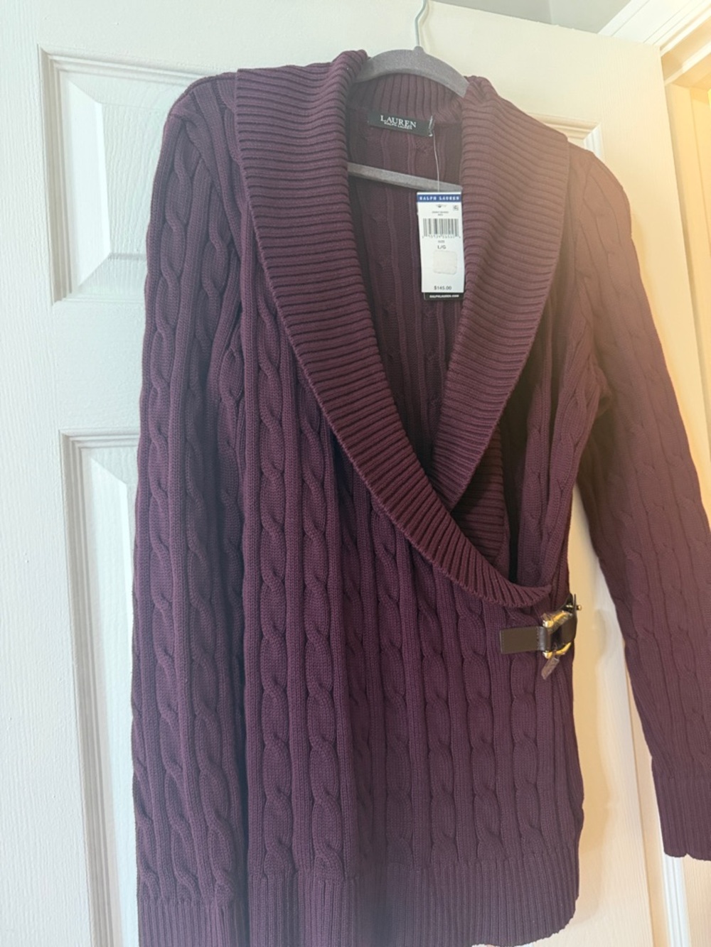 Ralph Lauren Cable Knit Shawl Collar Sweater in Deep Plum- like wine - Picture 6 of 8